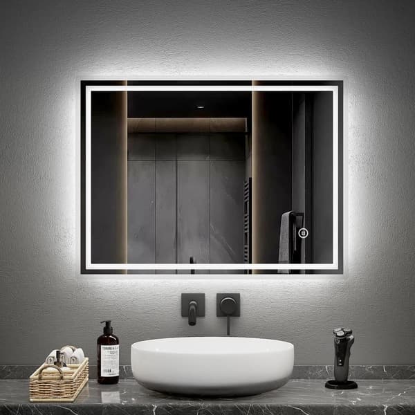 EMKE LED Badeværelsesspejl, 80x60 cm, 3000K/4000K/6500K, Dæmpbar, Justerbar lysstyrke, Anti-Dug, Touch-kontakt, Hukommelsesfunktion, Vandret/Verti