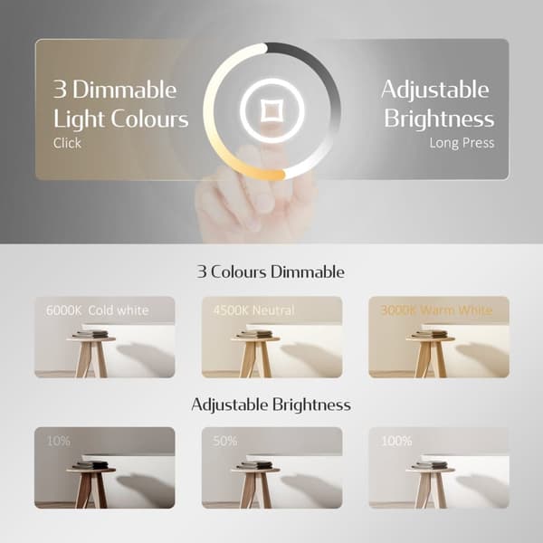 EMKE Smart LED Badeværelsesspejl, 70x50 cm, Bevægelsessensor, Touch-kontakt, 3 Lysfarver, Justerbar Lysstyrke, Anti-Dug, Vandret/Lodret, IP44