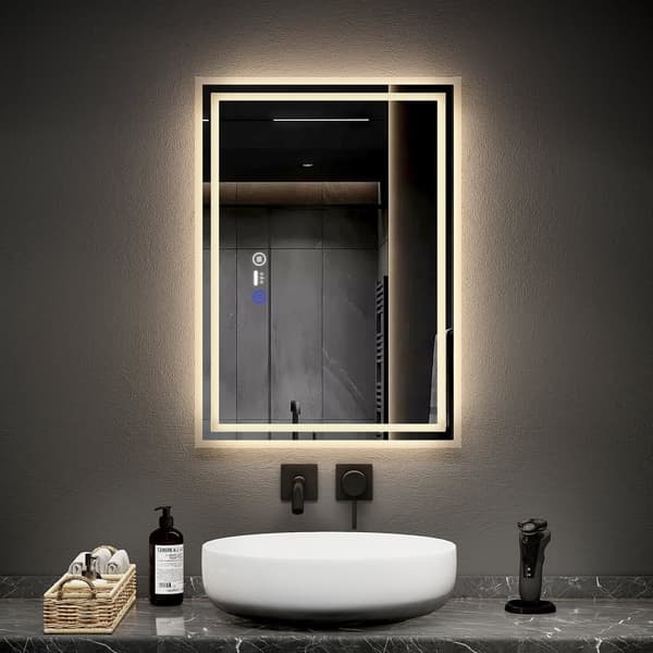 EMKE Smart LED Badeværelsesspejl, 70x50 cm, Bevægelsessensor, Touch-kontakt, 3 Lysfarver, Justerbar Lysstyrke, Anti-Dug, Vandret/Lodret, IP44
