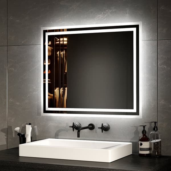 EMKE LED Badeværelsesspejl, 50x60 cm, 2 Lysfarver 3000K/6500K, Anti-Dug, Hukommelsesfunktion, Mekanisk Kontakt, Vandret/Lodret, IP44