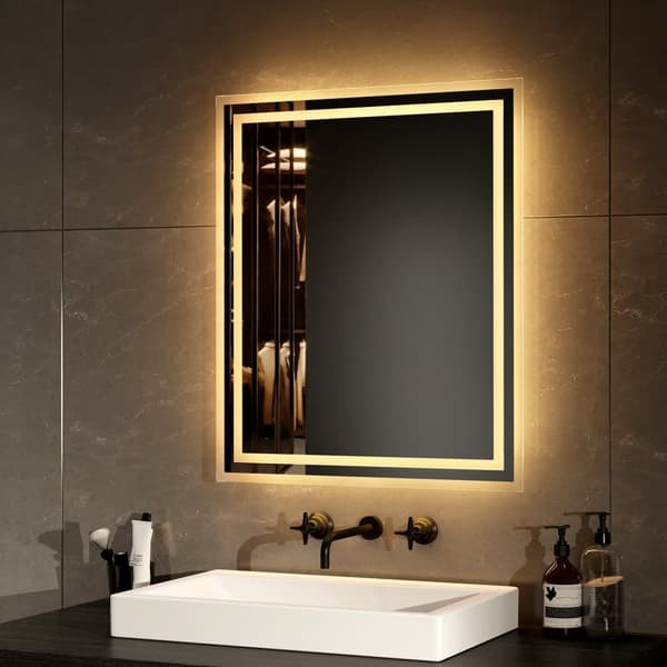 EMKE LED Badeværelsesspejl, 50x60 cm, 2 Lysfarver 3000K/6500K, Anti-Dug, Hukommelsesfunktion, Mekanisk Kontakt, Vandret/Lodret, IP44