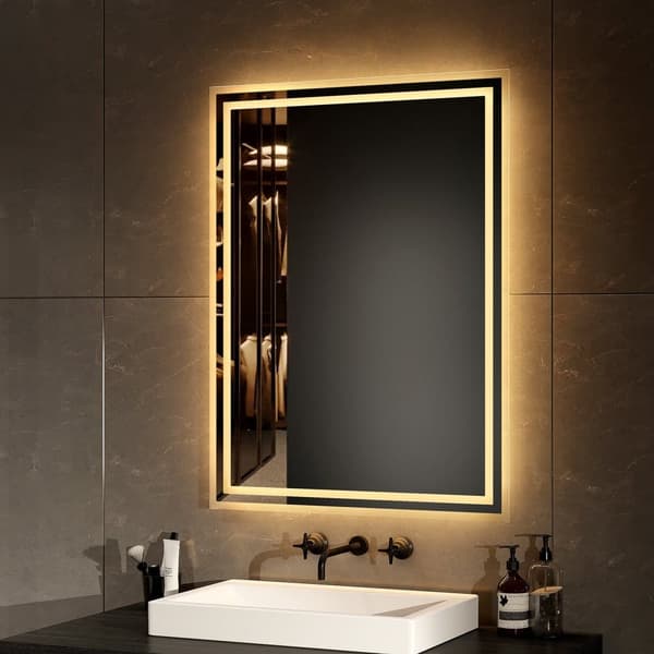 EMKE LED Badeværelsesspejl, 60x80 cm, 2 Lysfarver 3000K/6500K, Anti-Dug, Hukommelsesfunktion, Mekanisk Kontakt, Vandret/Lodret, IP44