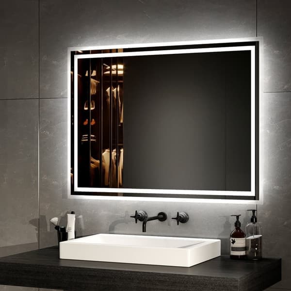 EMKE LED Badeværelsesspejl, 60x80 cm, 2 Lysfarver 3000K/6500K, Anti-Dug, Hukommelsesfunktion, Mekanisk Kontakt, Vandret/Lodret, IP44