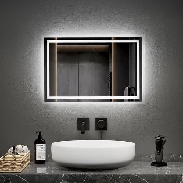 EMKE LED Badeværelsesspejl, 40x60 cm, 2 Lysfarver 3000K/6500K, Anti-Dug, Hukommelsesfunktion, Mekanisk Kontakt, Vandret/Lodret, IP44