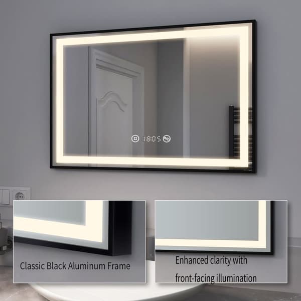 EMKE Badrumsspegel, 70x50 cm, Immafri, Inbyggd Klocka, Neutralt Ljus (4300K), Justerbar, Svart Ram, Touch, IP44