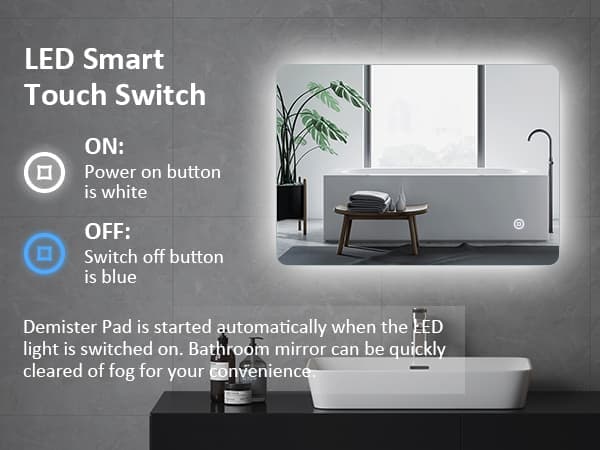 EMKE LED Badeværelsesspejl, 80x60 cm, Touch, Dæmpbar, Koldt Hvidt Lys 6500K, Dugfri, Energieffektiv, Auto Off, IP44, Hor/Vert