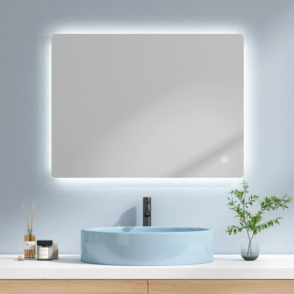 EMKE LED Badeværelsesspejl, 80x60 cm, Touch, Dæmpbar, Koldt Hvidt Lys 6500K, Dugfri, Energieffektiv, Auto Off, IP44, Hor/Vert