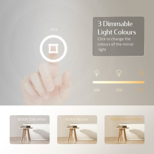 EMKE LED Badrumsspegel, 100x60 cm, Touch, 3 Ljusfärger 3000/4000/6500K, Dimmbar, Immafri, Minnesfunktion, Energieffektiv, IP44