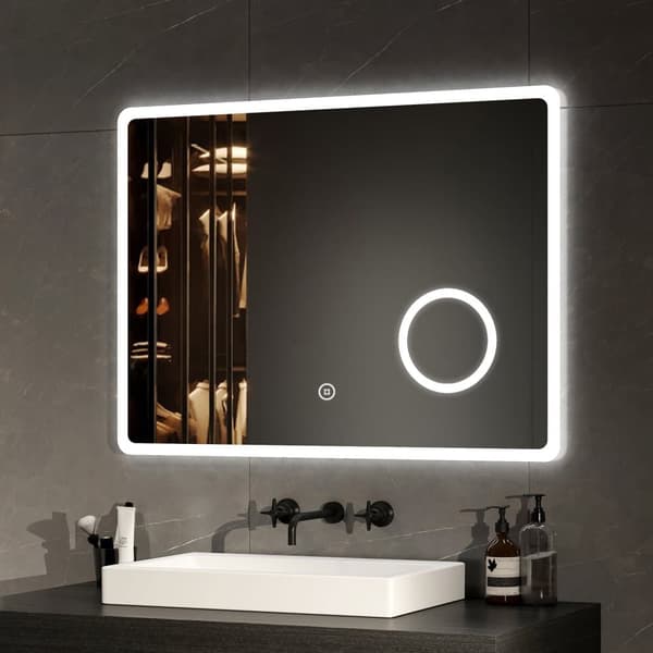 EMKE LED Badeværelsesspejl, 80x60 cm, 3x Forstørrelse, Koldt Hvidt Lys 6500K, Touch, Hukommelsesfunktion, IP44, Hor/Vert