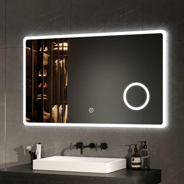 EMKE LED Badrumsspegel, 100x60 cm, 3x Förstoring, Kallvitt Ljus 6500K, Touch, Minnesfunktion, IP44