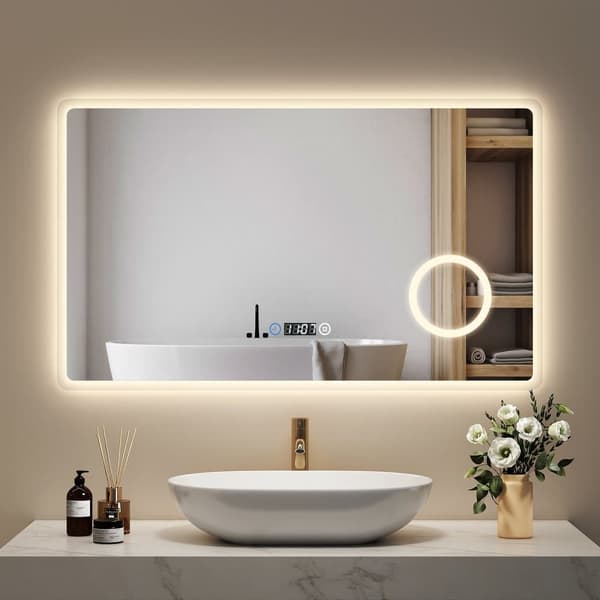 EMKE LED Badrumsspegel, 100x60 cm, 3x Förstoring, Immafri, Klocka, Dimmbar, Justerbar Ljus, Touch, Minnesfunktion, IP44, Horisontell