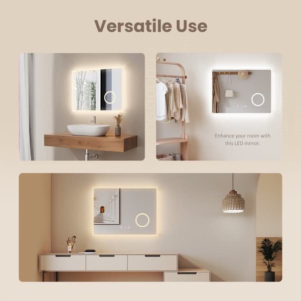 EMKE LED Badrumsspegel, 100x60 cm, 3x Förstoring, Immafri, Klocka, Dimmbar, Justerbar Ljus, Touch, Minnesfunktion, IP44, Horisontell