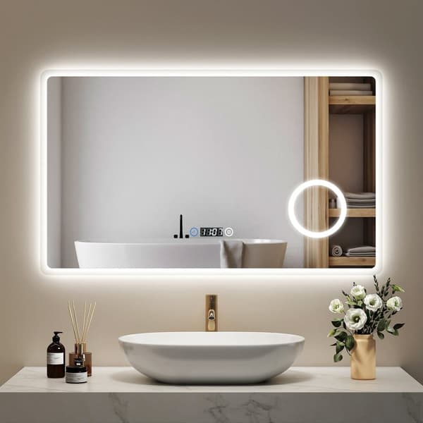 EMKE LED Badeværelsesspejl, 100x60 cm, 3x Forstørrelse, Anti-Dug, Ur, Dæmpbar, Justerbart lys, Touch, Hukommelsesfunktion, IP44, Vandret