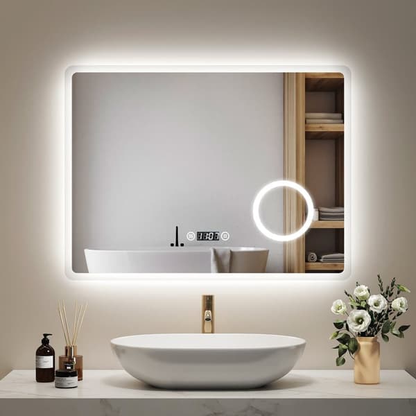 EMKE LED-kylpyhuoneen peili, 100x60 cm, 3x suurennus, huurtumista estävä kello, viileä valkoinen valo 6500K, kosketus, muistitoiminto, IP44, vaaka