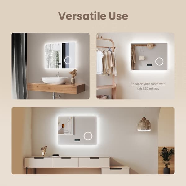 EMKE LED Badeværelsesspejl, 80x60 cm, 3x Forstørrelse, Anti-Dug, Ur, Bluetooth, Koldt Hvidt Lys 6500K, Touch, IP44, Vandret