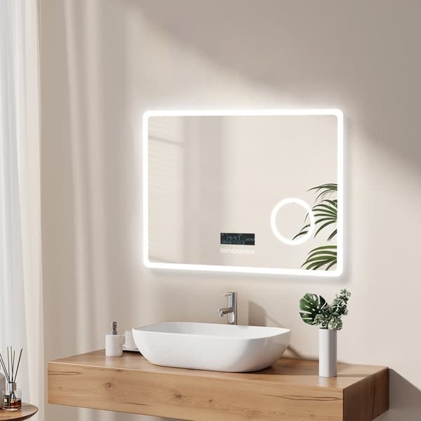 EMKE LED Badrumsspegel, 80x60 cm, 3x Förstoring, Immafri, Klocka, Bluetooth, Kallvitt Ljus 6500K, Touch, IP44, Horisontell