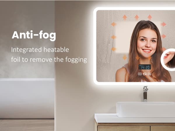 EMKE Badeværelsesspejl med Belysning, 100x60 cm, 3x Forstørrelse, Anti-Dug, Ur, Bluetooth, Dæmpbar, Justerbart lys, Touch, IP44, Vandret