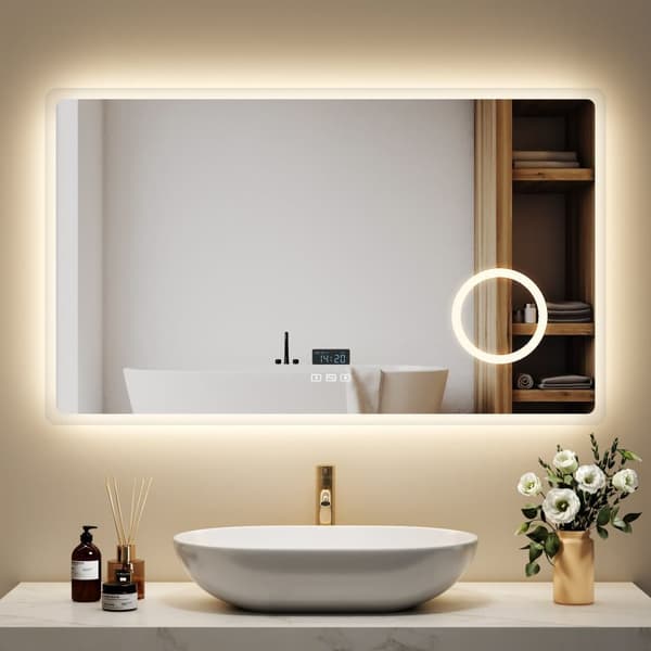 EMKE Badrumsspegel med Belysning, 100x60 cm, 3x Förstoring, Immafri, Klocka, Bluetooth, Dimmbar, Justerbar Ljus, Touch, IP44, Horisontell