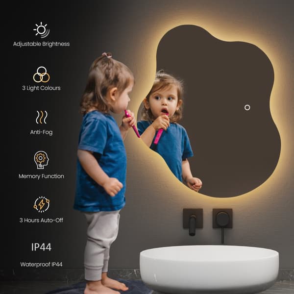 EMKE LED Badeværelsesspejl Asymmetrisk 60x50 cm, Touch, Dæmpbar, Justerbart lys, Anti-Dug, Hukommelsesfunktion, IP44