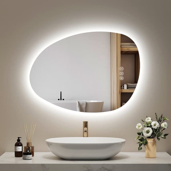 EMKE Asymmetrisk LED Badrumsspegel 75x55 cm, Touch, Dimmbar, 2 Ljusf채rger, Immafri, Auto Av, IP44