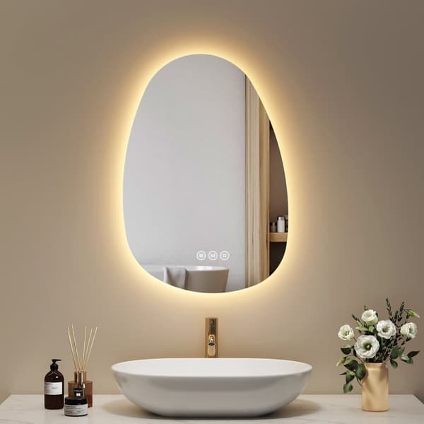 EMKE Asymmetrisk LED Badrumsspegel 75x55 cm, Touch, Dimmbar, 2 Ljusf채rger, Immafri, Auto Av, IP44