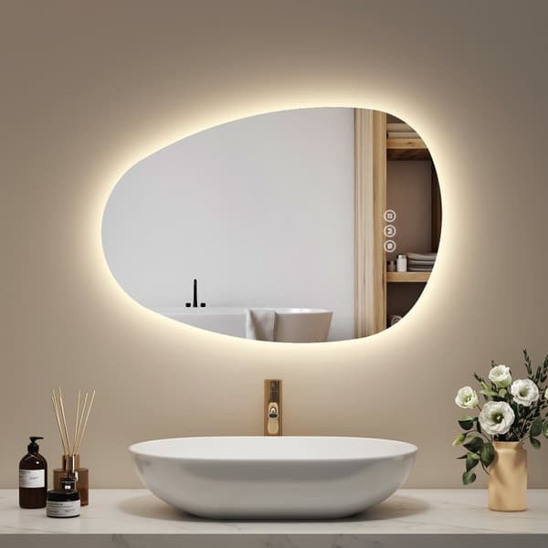 EMKE Asymmetrisk LED Badeværelsesspejl 65x45 cm, Touch, Dæmpbar, 2 lysfarver, Anti-dug, Automatisk slukning, IP44