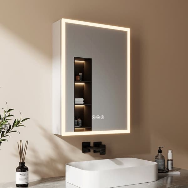 EMKE LED Badrumsskåp med Spegel, 50x70 cm, Dimmbar, Justerbar Ljus, Glas Hyllor, Immafri, Sandblästra Vit
