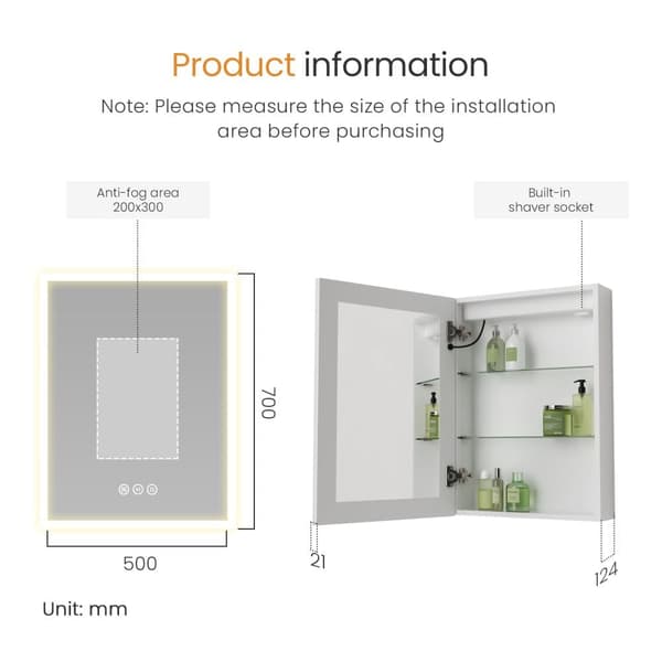 EMKE LED Badrumsskåp med Spegel, 50x70 cm, Dimmbar, Justerbar Ljus, Glas Hyllor, Immafri, Sandblästra Vit