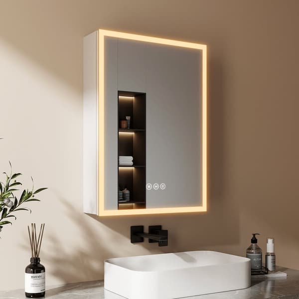 EMKE LED Badrumsskåp med Spegel, 50x70 cm, Dimmbar, Justerbar Ljus, Glas Hyllor, Immafri, Sandblästra Vit