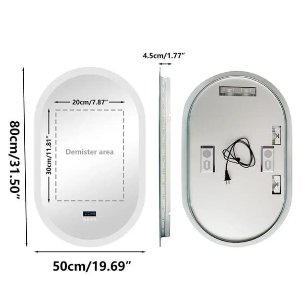 Oval spegel för badrum, inbyggd Bluetooth-högtalare, justerbart belysning,800x500mm