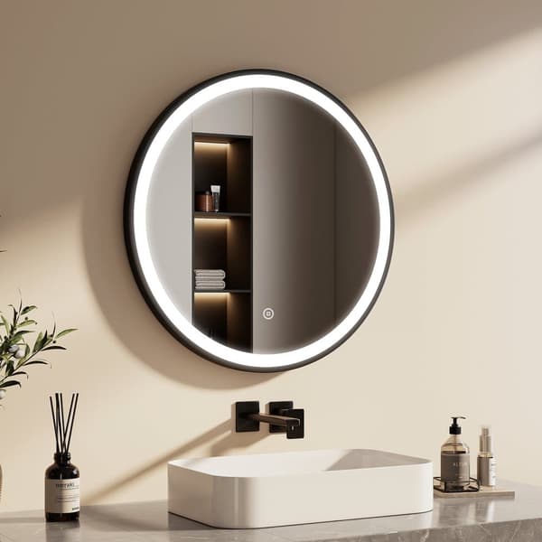 EMKE Badrumsspegel 70 cm – Belyst, justerbar ljusstyrka (6500K), touch, svart metallram, IP44, minnesfunktion