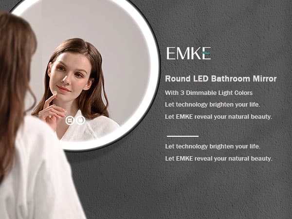 EMKE Rund LED-spegel 80 cm – 3 ljusfärger, dimbar, touch-kontroll, svart ram, IP44, minnesfunktion