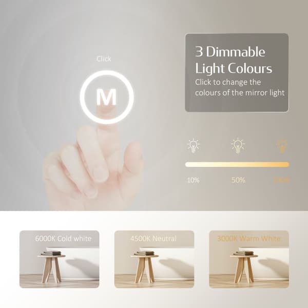 EMKE Rund LED-spegel 80 cm – 3 ljusfärger, dimbar, touch-kontroll, svart ram, IP44, minnesfunktion