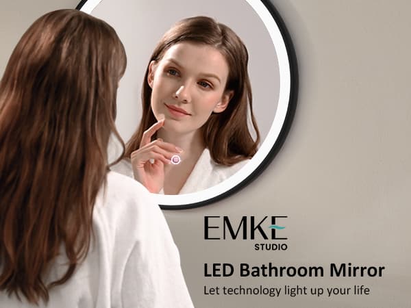 EMKE Badrumsspegel 50 cm – LED-belyst, justerbar ljusstyrka (6500K), touch, svart ram, IP44, minnesfunktion