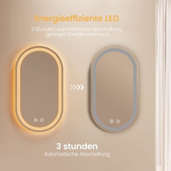 EMKE Soikea Kylpyhuoneen Peili 50x90cm - LED-valaistu, kosketusohjaus, huurtumaton, energiatehokas, IP44