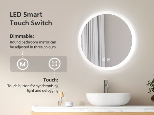 EMKE Pyöreä Kylpyhuoneen Peili Ø70cm - LED-valaistu, himmennettävä, huurtumaton, muistitoiminto, IP44