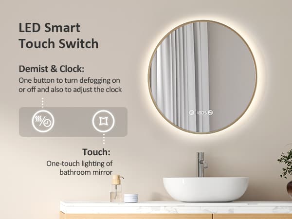 EMKE Pyöreä Kylpyhuonepeili Ø70cm - 4000K, himmennettävä, digitaalinen kello, lämpötila, huurtumaton, energiatehokas