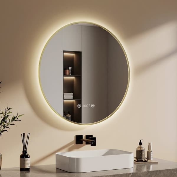 EMKE Rund Badrumsspegel Ø80cm - 4000K, dimbar, digitalklocka, temperatur, anti-immare, IP44