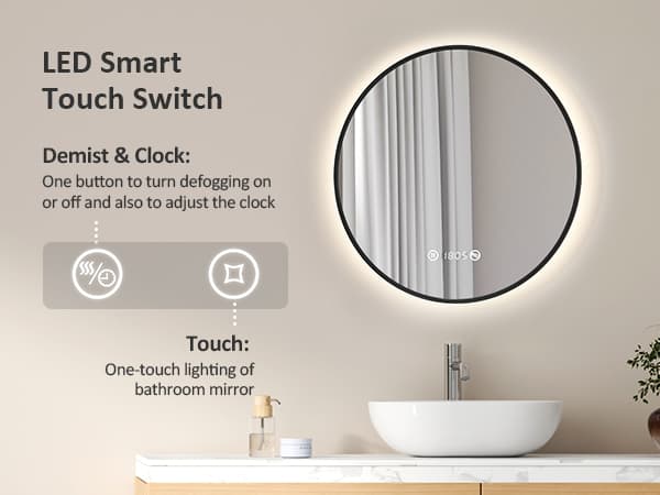 EMKE Pyöreä Kylpyhuonepeili Ø80cm - 4000K, himmennettävä, digitaalinen kello, lämpötila, huurtumaton, energiatehokas