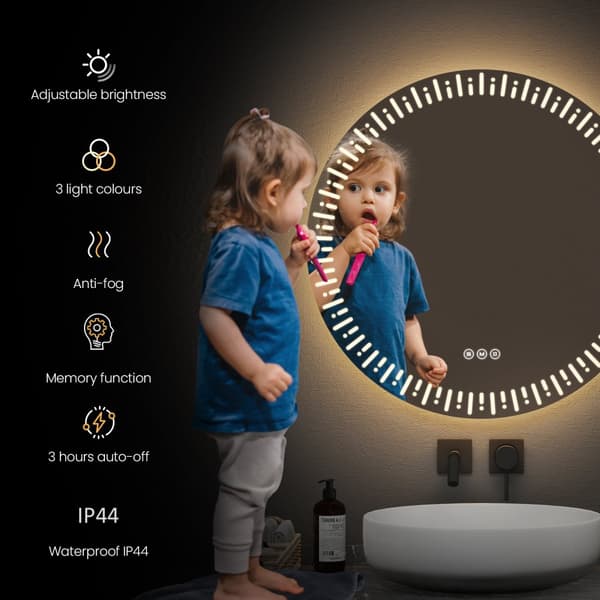 EMKE Pyöreä Kylpyhuoneen Peili Ø70cm - LED, huurtumaton, himmennettävä, kosketus, seinäasennus, IP44