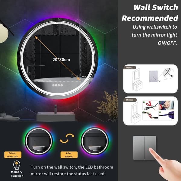 Rund Ljusande Badrumsspegel, RGB Bakgrundsbelysning, Touchsensor,24 tum