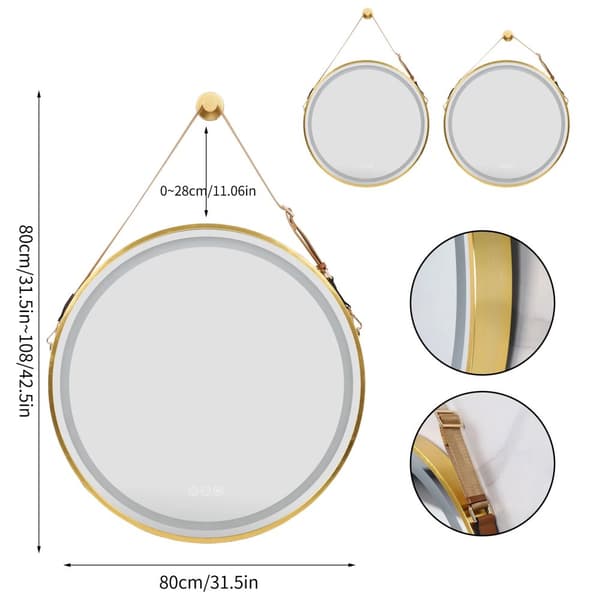 Rund LED Badeværelsesspejl, Berøringssensor, Anti-dug Funktion,Guld 80CM