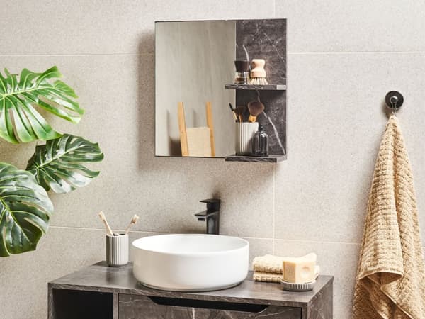 Veggspeil med hyller Svart Sponplate Marmoreffekt Moderne design Baderom Oppbevaring