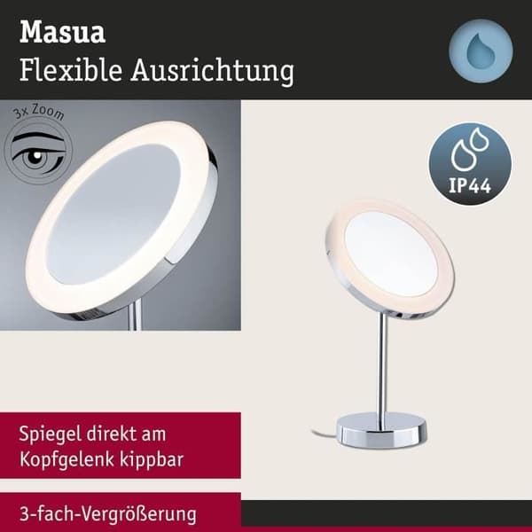 Paulmann Masua 71150 LED sminkspegel IP44 med strömbrytare Vit 55 LM 230 V 4 W Förstoring x3 Energiklass F