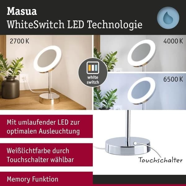 Paulmann Masua 71150 LED sminkspegel IP44 med strömbrytare Vit 55 LM 230 V 4 W Förstoring x3 Energiklass F