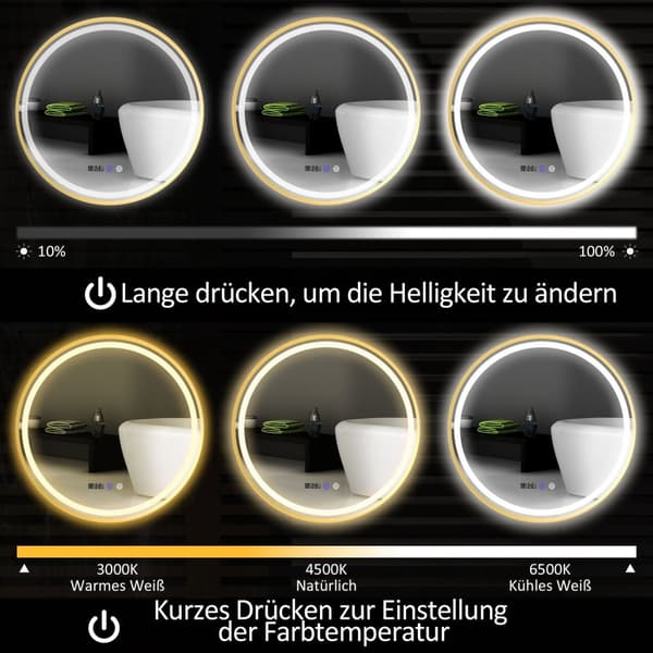 ROOTZ RUND LED Badeværelse Spejl - Anti -Fog Mirror - Touch Control Mirror - Justerbar lysstyrke - Ø60 x 3,5 cm