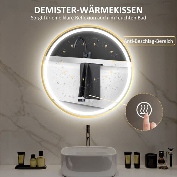 ROOTZ RUND LED Badeværelse Spejl - Anti -Fog Mirror - Touch Control Mirror - Justerbar lysstyrke - Ø60 x 3,5 cm