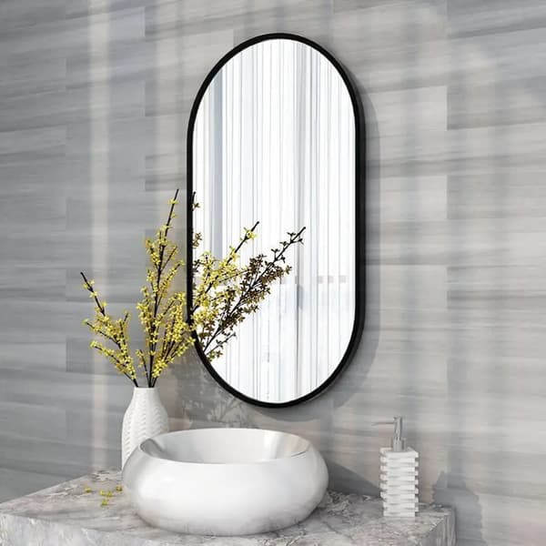 Oval metalrammet spejl, vægmonteret, dekorativt design,50x100cm, sort
