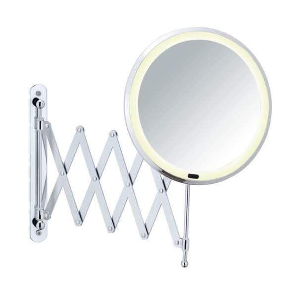 WENKO Barona väggmonterad LED sminkspegel, med teleskoparm, 5x förstoringsspegel, Ø 20 cm, Stål - Plast, Krom