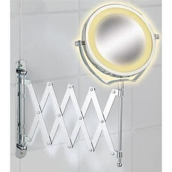 WENKO Väggmonterad LED sminkspegel med teleskoparm Brolo, 3x förstoringsspegel, Ø 15 cm, Stål, 18,5x38,5x45 cm, krom